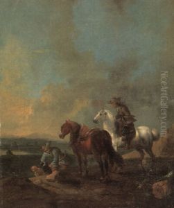 Two Huntsmen With Their Horses And Dogs by August Querfurt