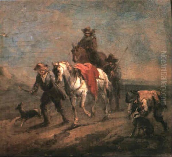 A Man Leading A Horse With His Companion Riding Behind Accompanied By A Drover And Dogs - view 1
