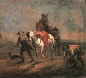 A Man Leading A Horse With His Companion Riding Behind      Accompanied By A Drover And Dogs