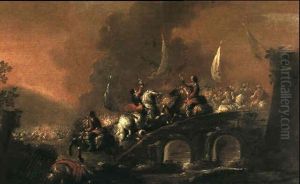 A Cavalry Battle With Horsemen Taking A Bridge by August Querfurt