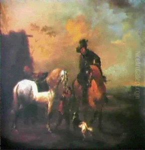 Zwei Reiter Vor Einem Bauernhaus by August Querfurt