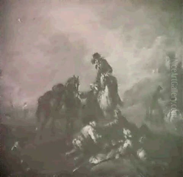 Bandits Watched By Two Horsemen, One Dismounted, On A Path In A Coastal Landscape - view 1