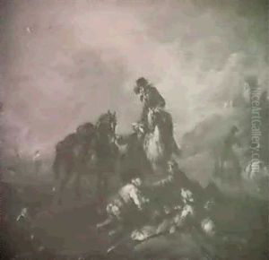 Bandits Watched By Two Horsemen, One Dismounted, On A Path In A Coastal Landscape by August Querfurt