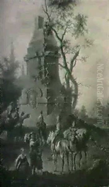 Italiserande Landskap Med Figurer Vid Brunn - view 1