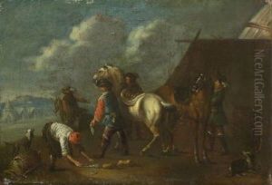 Soldaten Mit Ihren Pferden Beim Hufschmied by Johann Hermann Querfurt