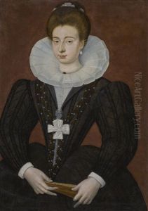 Portrait Of A French Noblewoman, Half-length, Wearing A Ruff, Pearls, A Cross-shaped Ribbon, And Holding A Fan