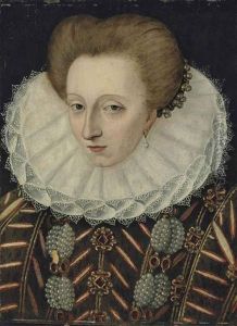Portrait Of A Woman, Bust-length, In A Green, Bejewelled, Slashed Dress And A Lace Ruff, Wearing A Pearl And Ruby Necklace And A Pearl Headdress