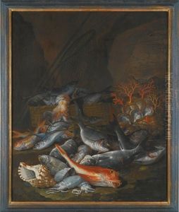 Still Life Of Assorted Fish, Shellfish And Coral With A Net And Basket by Francesco Della Questa