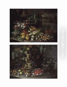 Flowers, Fruit, And Vegetables, With Morels And Other Mushrooms Beside A Fountain In A Villa Garden (+ Grapes And Other Fruit And Vegetables...; Pair) by Francesco Della Questa