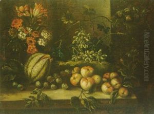 Nature Morte Au Bouquet De Fleurs De Fruits Disposes Sur Un Entablement