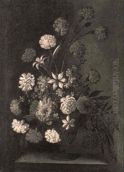 Carnations, Lilies And Other Assorted Flowers In A Terracotta Vase - view 1