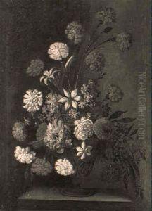 Carnations, Lilies And Other Assorted Flowers In A Terracotta Vase
