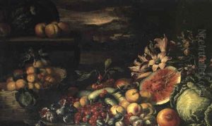 Nature Morte A La Pasteque Et Au Panier De Fruits