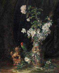 Stilleben Mit Kirschenblumen Und Papagei by Fritz Quidenus