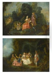 Amorous Couples In A Garden Setting, A Group Making Music Beyond; An Elegantly Dressed Group Relaxing In A Garden Setting (pair) by Pierre-Antoine Quillard