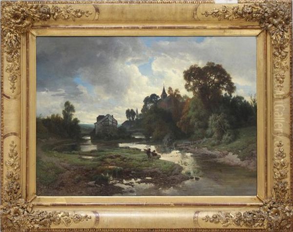 Angler An Einem Flusslauf Vor Kleinstadt - view 1