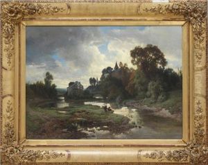 Angler An Einem Flusslauf Vor Kleinstadt