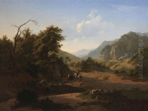 Paysage Montagneux Mediterraneen Anime D'un Homme A Cheval Et D'un Couple De Femmes Pres De L'abreuvoir by Joseph Quinaux
