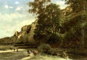 Bord De Riviere Anime De Personnages Et De Betail by Joseph Quinaux