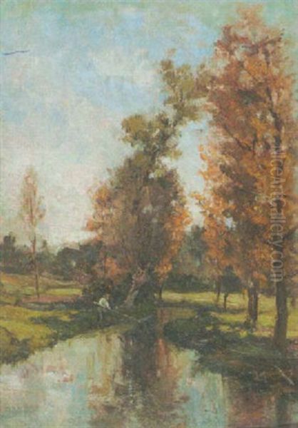 Fluslauf Mit Angler In Der Herbstsonne - view 1