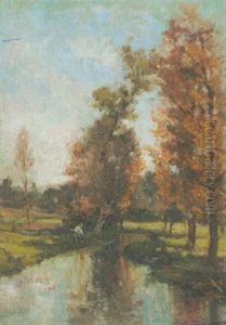 Fluslauf Mit Angler In Der Herbstsonne by Joseph Quinaux