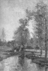 Angler Am Herbstbach Bei Fontainebleau by Joseph Quinaux