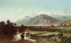 An Extensive Landscape With Cattle Watering by Joseph Quinaux