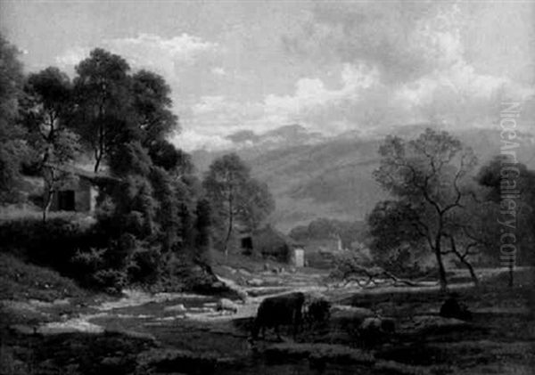 Sudliche Gebirgslandschaft Mit Weidenden Kuh- Und Schafherden - view 1