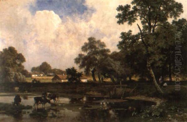 Zomerlandschap Met Koeien Bij De Poel - view 1