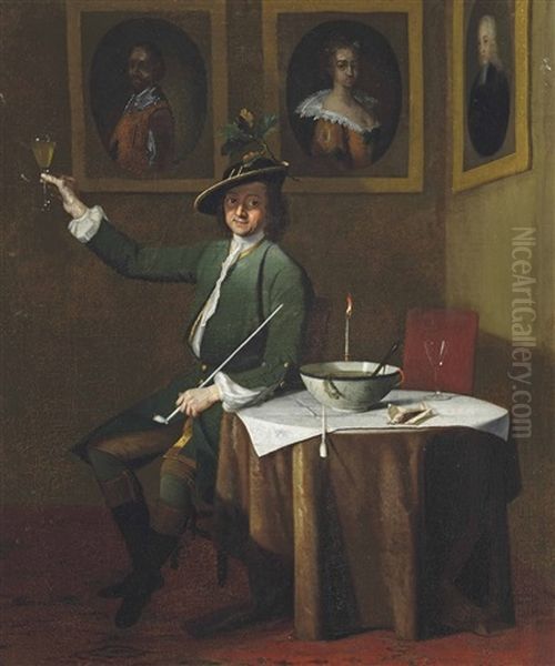 A Gentleman In A Green Coat Smoking And Drinking In An Interior, With A Sprig Of Oak In His Hat - view 1
