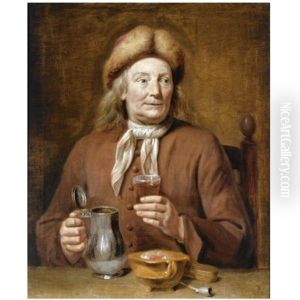 A Man Sitting At A Table Holding A Glass Of Beer