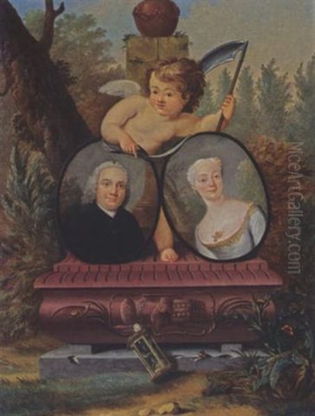 A Memento Mori Portrait: A Portrait Of A Gentleman Wearing A Black Suit, And A Portrait Of His Wife Wearing A Grey Dress, In A Park Setting - view 1