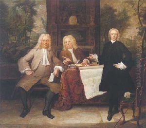 An Elegant Interior With A Portrait Of Two Gentlemen And A Clerk, A Wooded Landscape Visible Beyond by Jan Maurits Quinkhardt