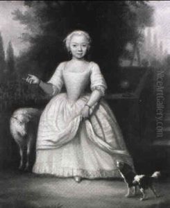 Portrait Of A Young Girl, Full Length, In A White And Pink Dress, With A Sheep And A Dog, In A Garden by Jan Maurits Quinkhardt