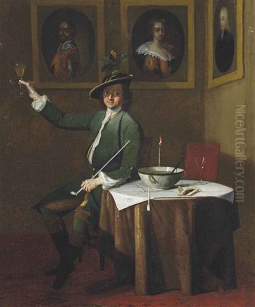 A Gentleman In A Green Coat Smoking And Drinking In An Interior, With A Sprig Of Oak In His Hat - view 1