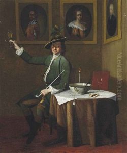 A Gentleman In A Green Coat Smoking And Drinking In An Interior, With A Sprig Of Oak In His Hat by Julius Quinkhardt