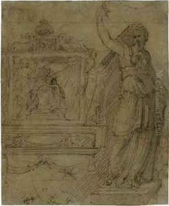 Design For The Wall Of A Chapel, With A Panel Of The Madonna And Child, A Further Study Of An Allegorical Female Figure by Perino Del Vaga (Pietro Bonaccors