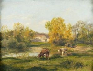 Deux Vaches Aux Abords De La Ferme by Charles Henri Quinton