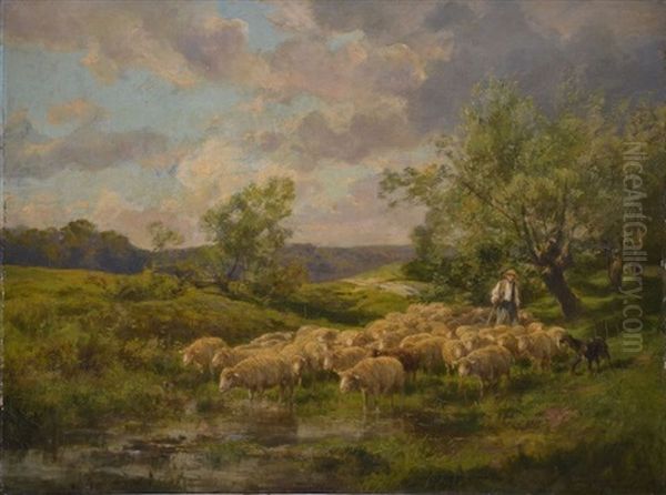 Berger Et Ses Moutons A La Mare - view 1
