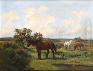 Weite Landschaft Mit Drei Grasenden Pferden by Clement (Charles-Henri) Quinton