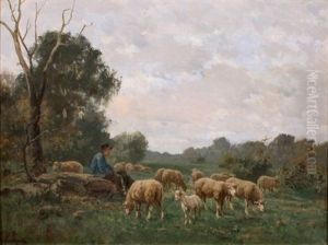 Jeune Berger Et Troupeau De Moutons by Clement (Charles-Henri) Quinton