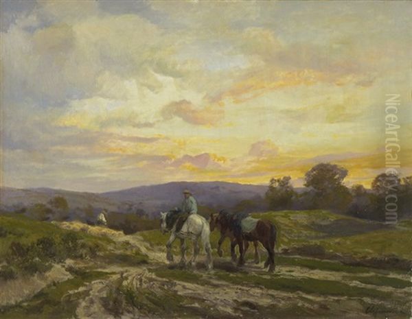 Abendliche Landschaft Mit Heimkehrendem Bauer Und Pferden - view 1