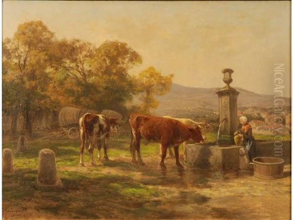 Vaches Et Fermiere A La Fontaine - view 1
