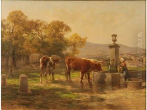 Vaches Et Fermiere A La Fontaine by Clement (Charles-Henri) Quinton