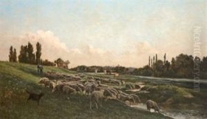 Troupeau Au Paturage Pres De La Mare by Clement (Charles-Henri) Quinton