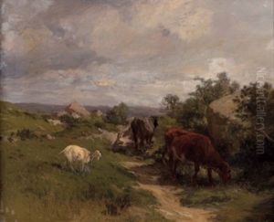 Ziege Und Weidende Kuhe - Bretagne by Clement (Charles-Henri) Quinton