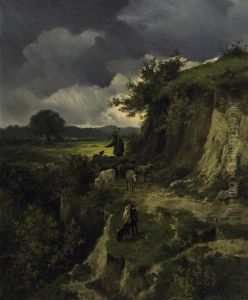 Schafer Mit Seiner Herde Auf Dem Weg. Aufziehende Gewitterstimmung
