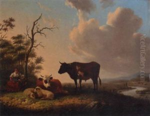 A Sheperdess And Her Daughter Tending Cattle In A River Landscape