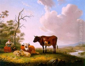 Melkmeisje Met Vee Bij Een Rivier
