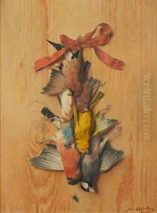 A Still Life Of Song Birds Hung By A Red Ribbon (+ Another, Lrgr; 2 Works) by Edouard Quitton